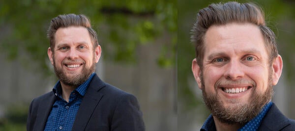 Two headshots of Mathew Gunkel who has dark blond hair and blue eyes 