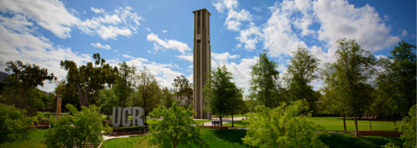 UCR clock tower with beautiful sky and many trees