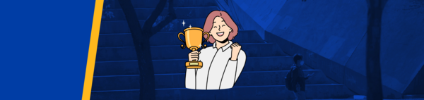 A graphic of a female employee holding a golden trophy