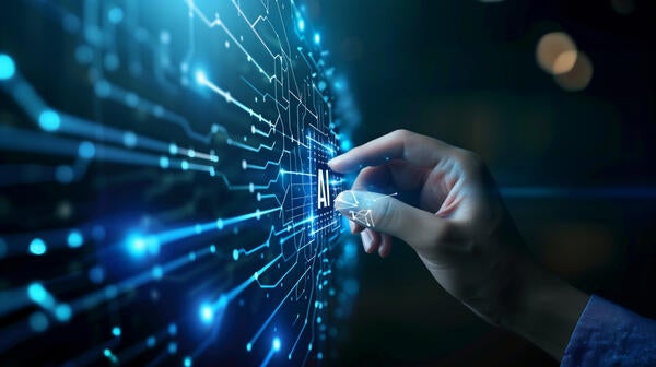 Hand using AI and showing a network of information