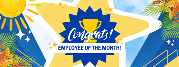 Image of a trophy with the words "Congrats!" and "Employee of the Month" in front of and an image of a star in the background