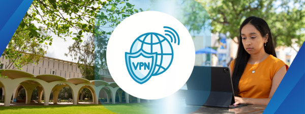 Shield icon with word VPN and globe icon representing the network with UCR vanity shot in the background
