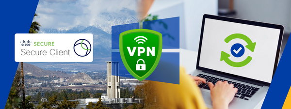 Windows logo with VPN icon in front and the Cisco Secure Client logo on the left and an image of a laptop on the right