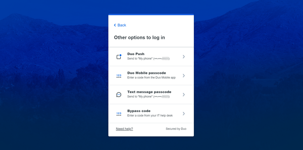 New DUO Universal "Other Options" for MFA login screen for phone