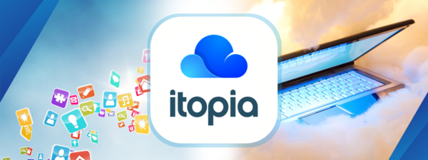 itopia logo with a cloud surrounded by laptop and software applications