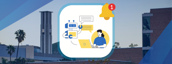 Image of robot with a woman working on a laptop and a notification bell icon