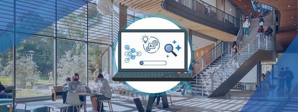 image of a laptop with AI text in the screen and the UCR SSC building in the background