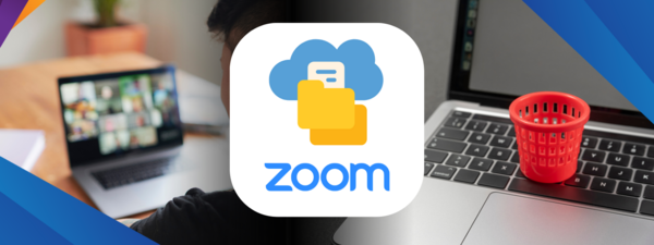 Zoom logo with folder icon below cloud image. Laptop images in the background with small red trash bin.