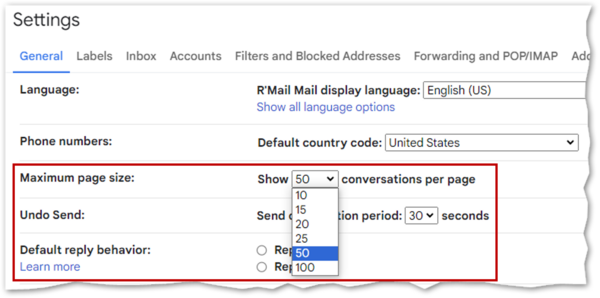 Image of Gmail Maximum Page Size Setting