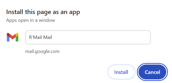 A pop up window of the Install Page as an app function with the name R'Mail Mail in the text box