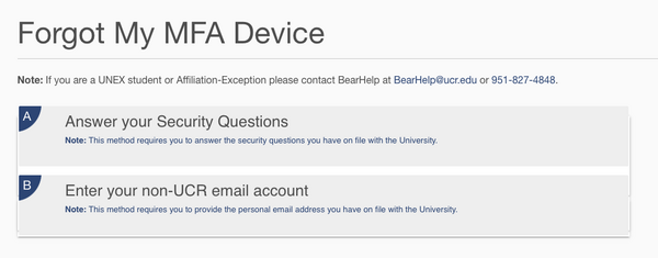 Forgot My MFA Device screen on MyAccount showcasing the account recovery items 
