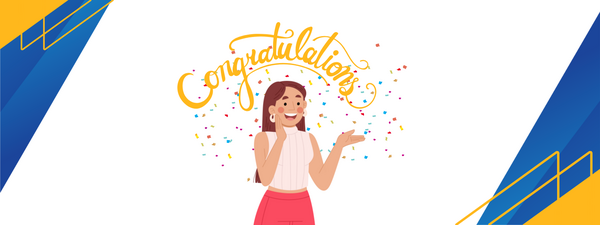 Congratulations greeting with an illustration of a woman rejoicing