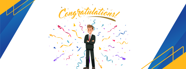 Illustrated man in a suit with the word congratulations on top and confetti around him