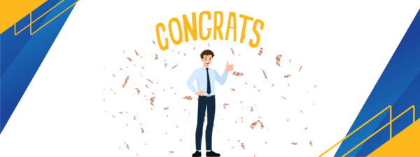 Illustrated man in a suit with the word congrats on top and confetti around him