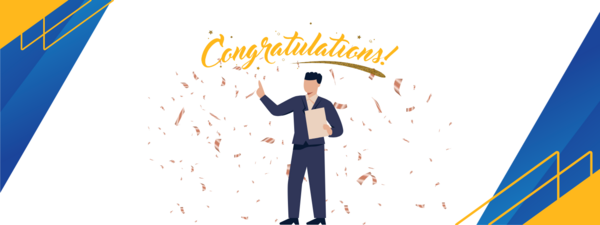 Illustrated man in a suit with the word congrats on top and confetti around him