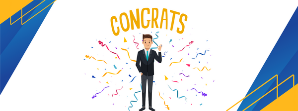 Illustrated man in a suit with the word congrats on top and confetti around him