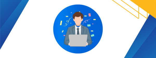 Illustrated man in a suit working on laptop