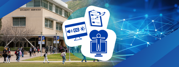 UCR students walking on campus with digital accessibility icons and a blue optic fiber network