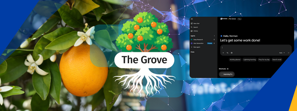 A tree overlayed with the words "The Grove" surrounded by an up-close shot of an orange tree and a screenshot of Gemini Enterprise.
