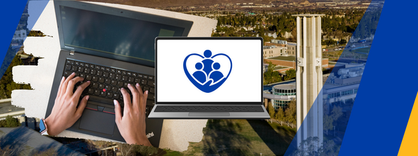 Decorative. Open laptop displaying three people surrounded by a blue heart.