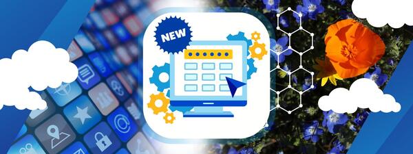 Computer monitor with cursor showing surrounded by cogwheels and a round icon with the word new at the top