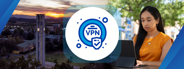 Blue circle with the word VPN inside and an image of a woman working on a laptop in the background