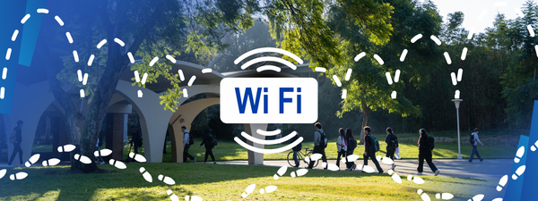Image with the word "WiFi" and graphics depicting wireless signals with the UCR courtyard in the background