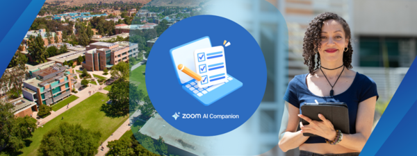 Image of a laptop with a to-do list and pencil on top of it with the words Zoom AI Companion at the bottom
