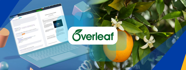 Overleaf logo with an open laptop and an orange tree in the background