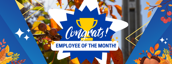 Image of a trophy with the words "Congrats!" and "Employee of the Month" in front and an image of a star in the background