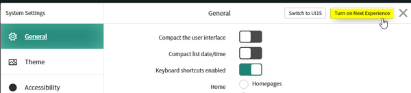 ServiceNow "Turn on Next Experience" button