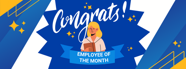 Image of a blonde woman carrying a book with the word "Congrats!" in the background and the words "Employee of the Month" in front