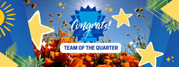 Image of a trophy with the word Congrats! and Team of the Quarter in front and stars around