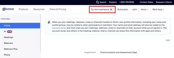 Zoom profile page with privacy text, "Try new experience" toggle highlighted.