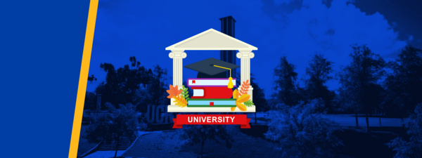 Animated university, books, and graduation cap