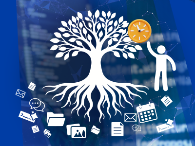 A stick figure picking a clock-shaped orange from a white tree with roots, surrounded by digital content icons like email, calendar, and files.