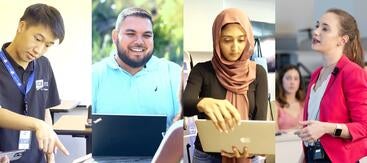 Montage shows four different people using technology on campus.