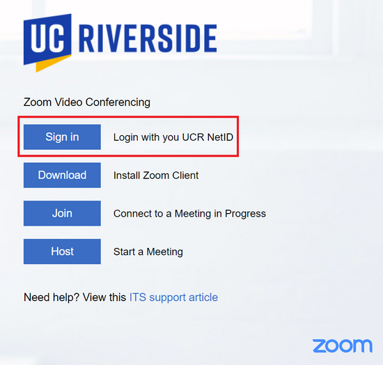 Zoom Login with UCR NetID page