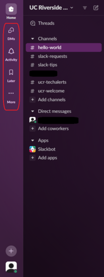 new Slack sidebar menu featuring the Home, DMs, Activity, Later, and More buttons