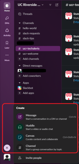 Slack Create menu featuring Message, Huddle, Canvas, and Channel