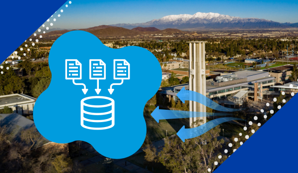 icon of survey database floating over the university of riverside campus